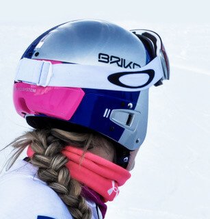Lindsey Vonn back of Vulcano FIS helmet showing goggle strap over Protetto